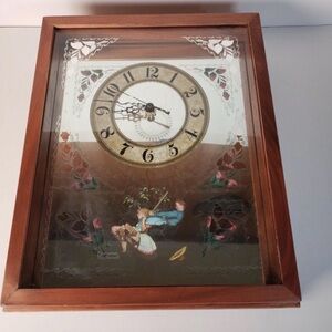 Vintage Brown Wooden Framed Clock With A Norman Rockwell Scene
